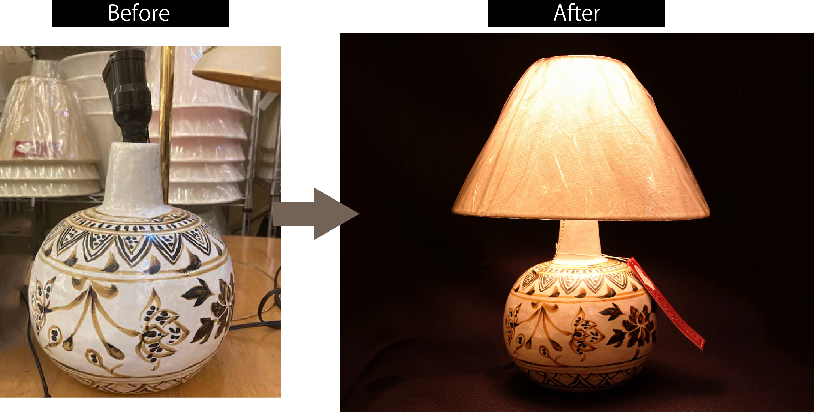 手創りの陶器を使ったランプ。修理後、オリジナルシェードをコーディネートいたしました。
